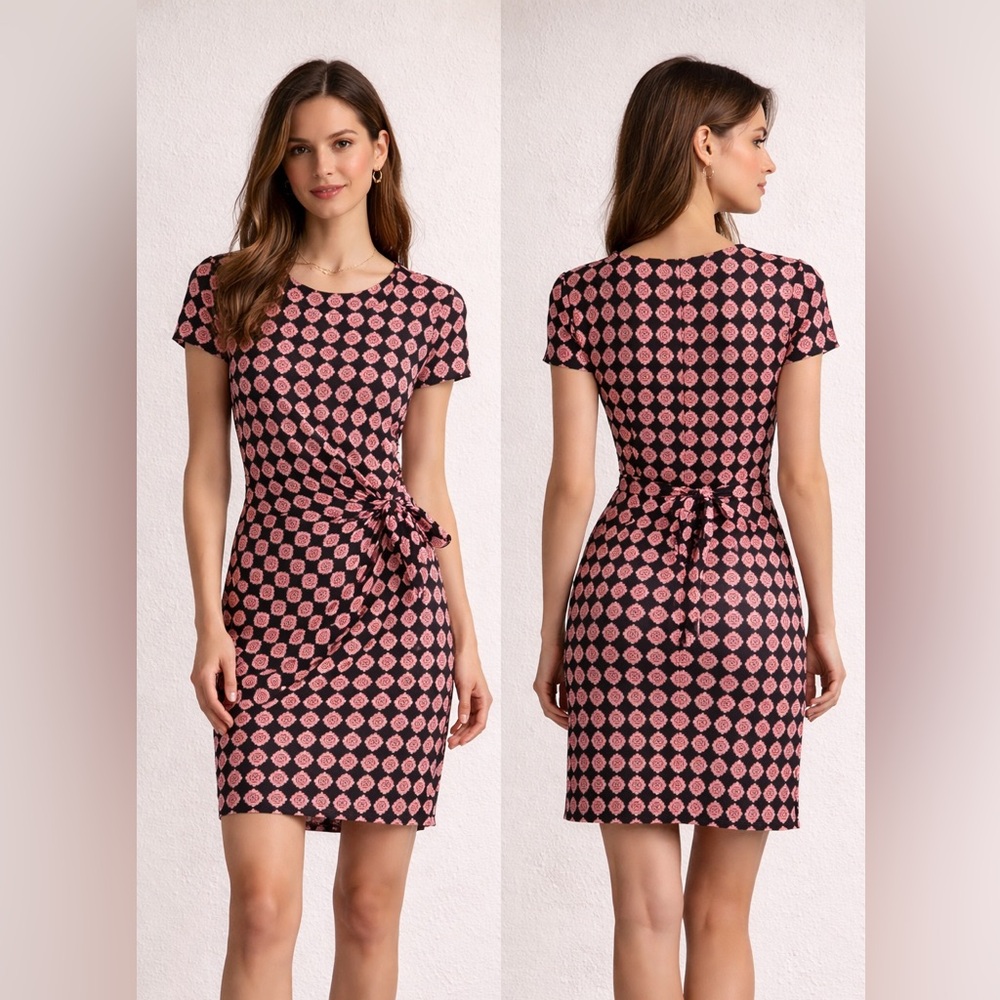 Diane Von Furstenberg Zoe Dress Sz 4 Small Black Pink Belted Silk Knee Length